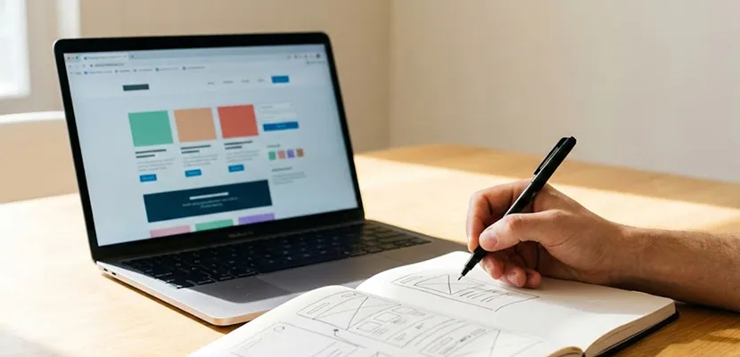 Hand skizziert mit einem Stift Website-Layouts in ein Notizbuch, während ein Laptop daneben digitale Design-Entwürfe anzeigt